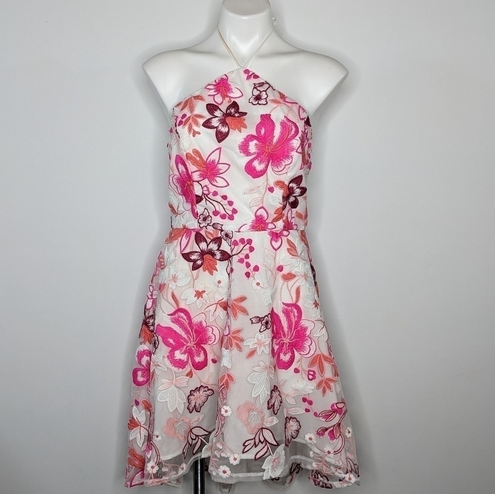 Alexia Admor Alison pink embroidered floral halter tie high low dress 8